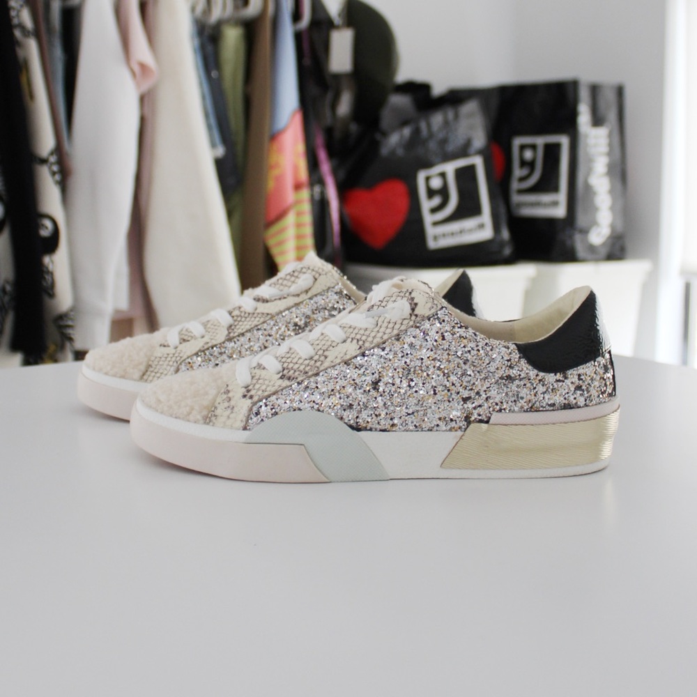 Dolce Vita Zina Leather Shearling Sneakers in Silver Multi Glitter NWOB - Picture 8 of 13